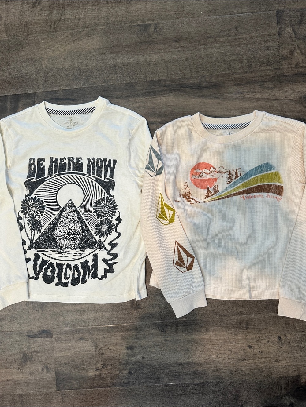2 Volcom Kids' Girl Long Sleeve Graphic Top - White with Multicolor Print